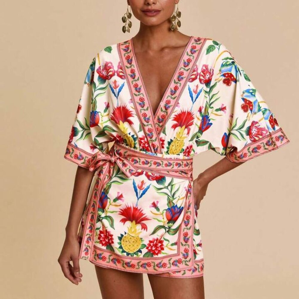SHEIN Woven Printed Floral Romper with Wrap Belt - Size Small (4)